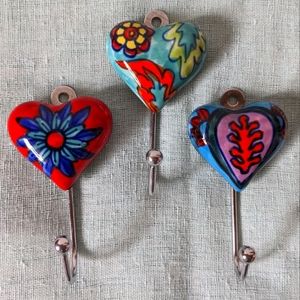 Ceramic and Metal Heart Hook Set of 3